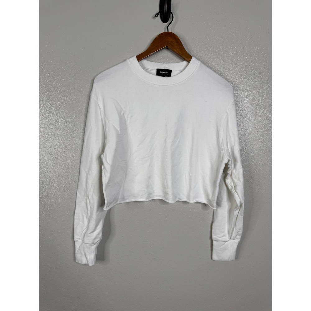 Monrow White Cropped Sweatshirt Long Sleeve Raw Hem Crew Neck Small USA Made